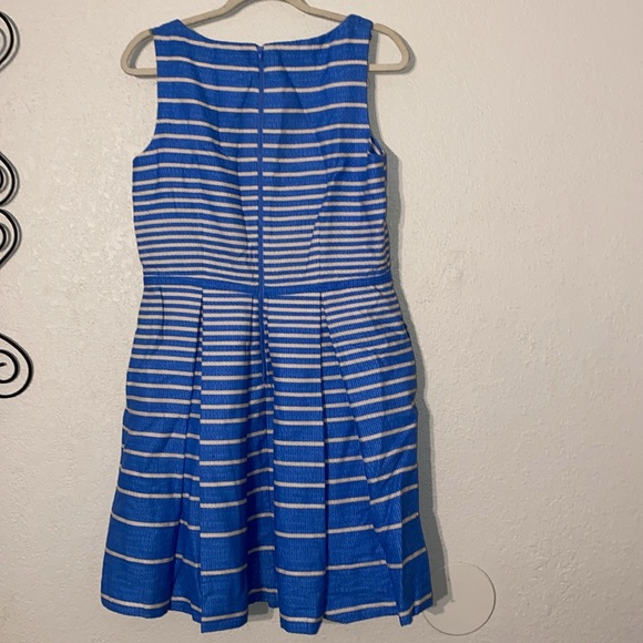 Taylor (Anthropology) Textured Pleated Striped Blue & White Fit & Flare dress - Picture 5 of 7